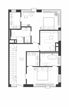 План третьего этажа четырехэтажного таунхауса в клубном поселке. Общая площадь - 278 кв. м.