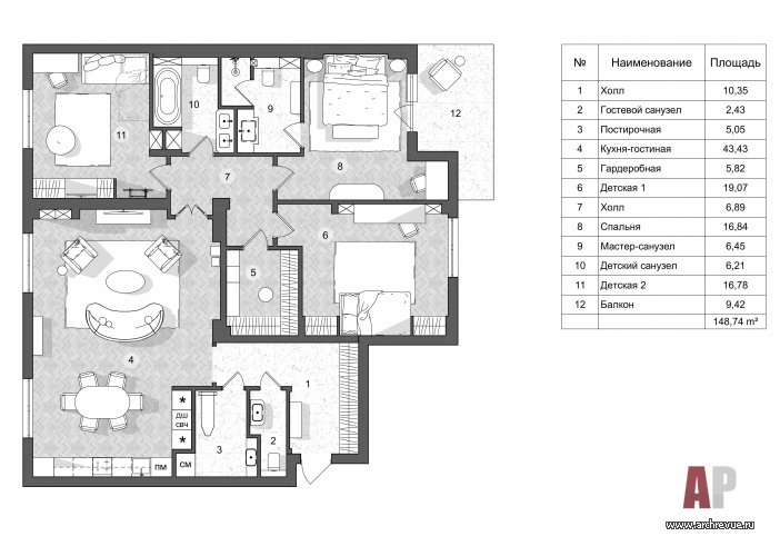Планировка квартиры для семьи с двумя детьми. Общая площадь – 146 кв. м