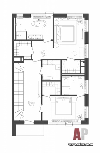 План второго этажа четырехэтажного таунхауса в клубном поселке. Общая площадь - 278 кв. м.