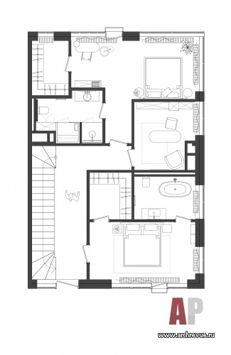 План третьего этажа четырехэтажного таунхауса в клубном поселке. Общая площадь - 278 кв. м.