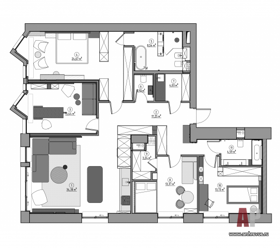 Планировка семейной квартиры в ЖК «ЗилАрт». Общая площадь – 141 кв. м.