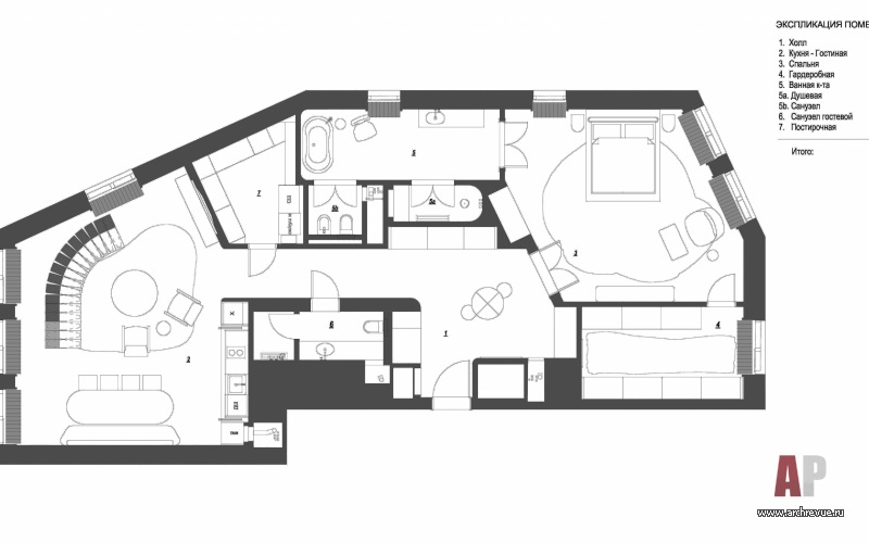 План двухкомнатной квартиры для молодой женщины. Общая площадь – 150 кв. м.