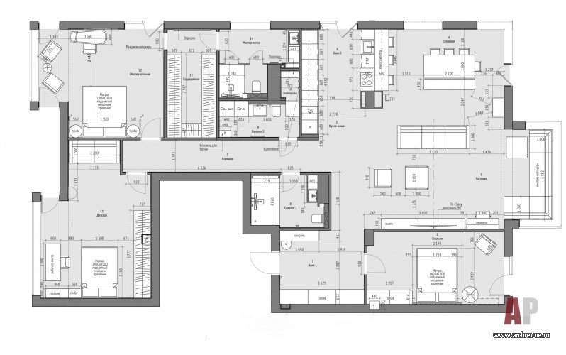 Перепланировка 4-х комнатной квартиры, 206 кв. м.