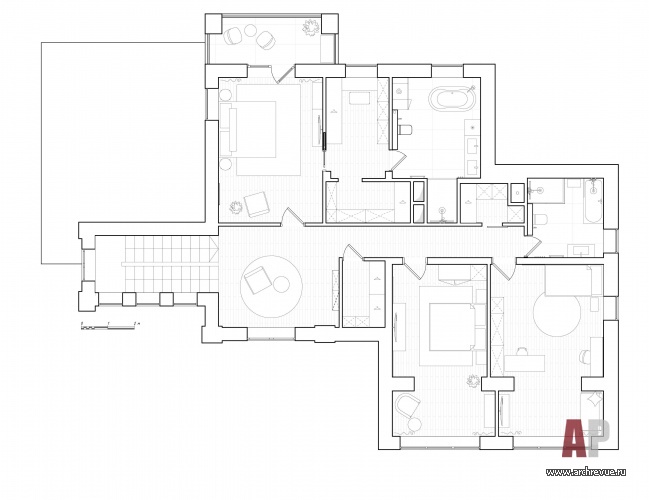 План второго этажа двухэтажного дома семейного дома. Общая площадь – 350 кв. м.