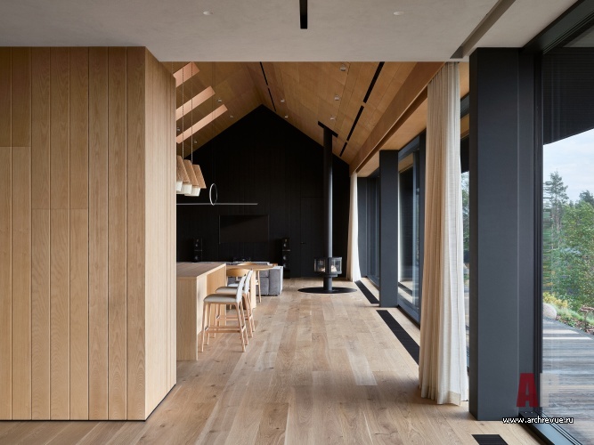 Фото интерьера гостиной деревянного дома в современном стиле