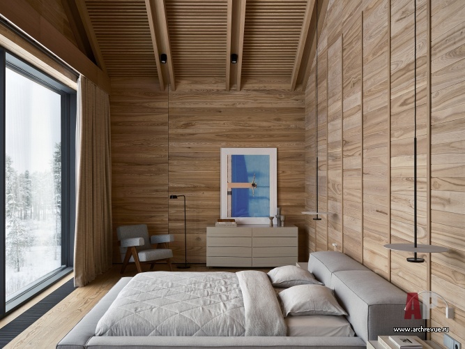 Фото интерьера спальни деревянного дома в современном стиле