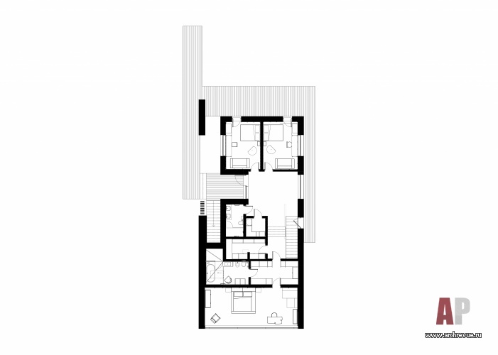 План второго этажа двухэтажного дома на склоне горы. Общая площадь – 506 кв. м.