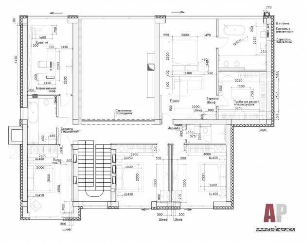 План второго этажа двухэтажного дома на Истре. Общая площадь – 426 кв. м.